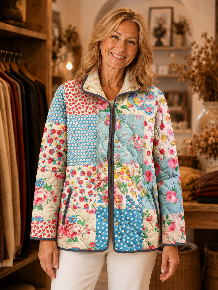 Liora floral quilted jacket worn by model (extra)