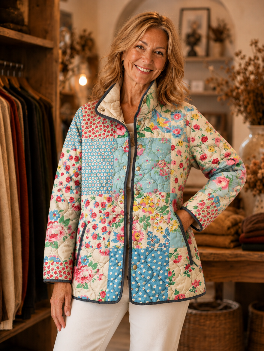 Zarae floral quilted jacket worn by model (extra)