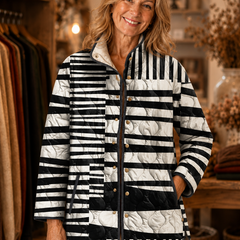 Miren black and white abstract quilted jacket worn by model (extra)