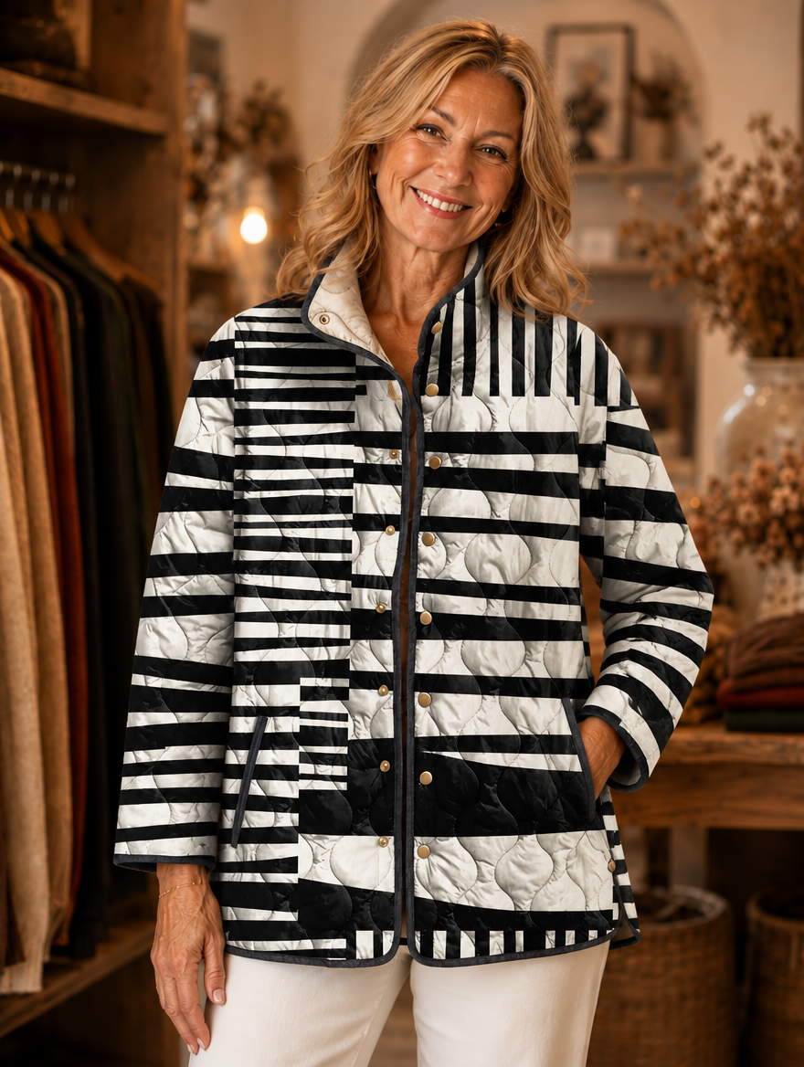 Miren black and white abstract quilted jacket worn by model (extra)