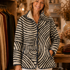 Inaya retro circle design quilted jacket worn by model (extra)