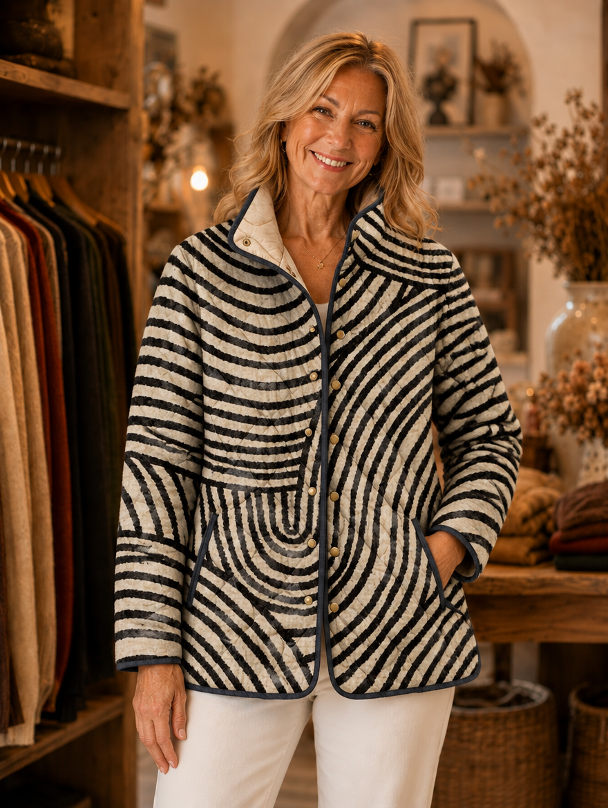 Inaya retro circle design quilted jacket worn by model (extra)