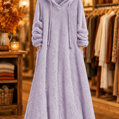 Noelle plush hooded lounge dress in light purple on hanger