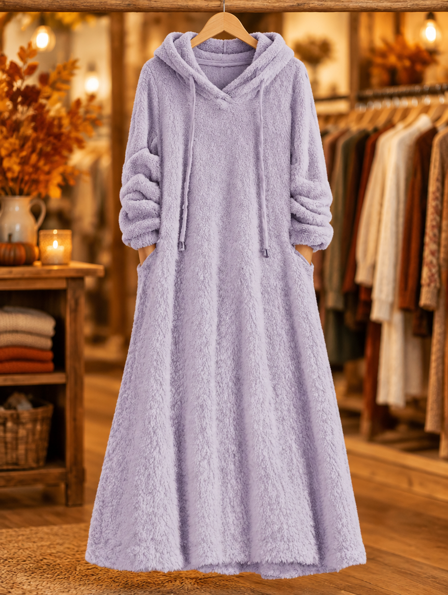 Noelle plush hooded lounge dress in light purple on hanger