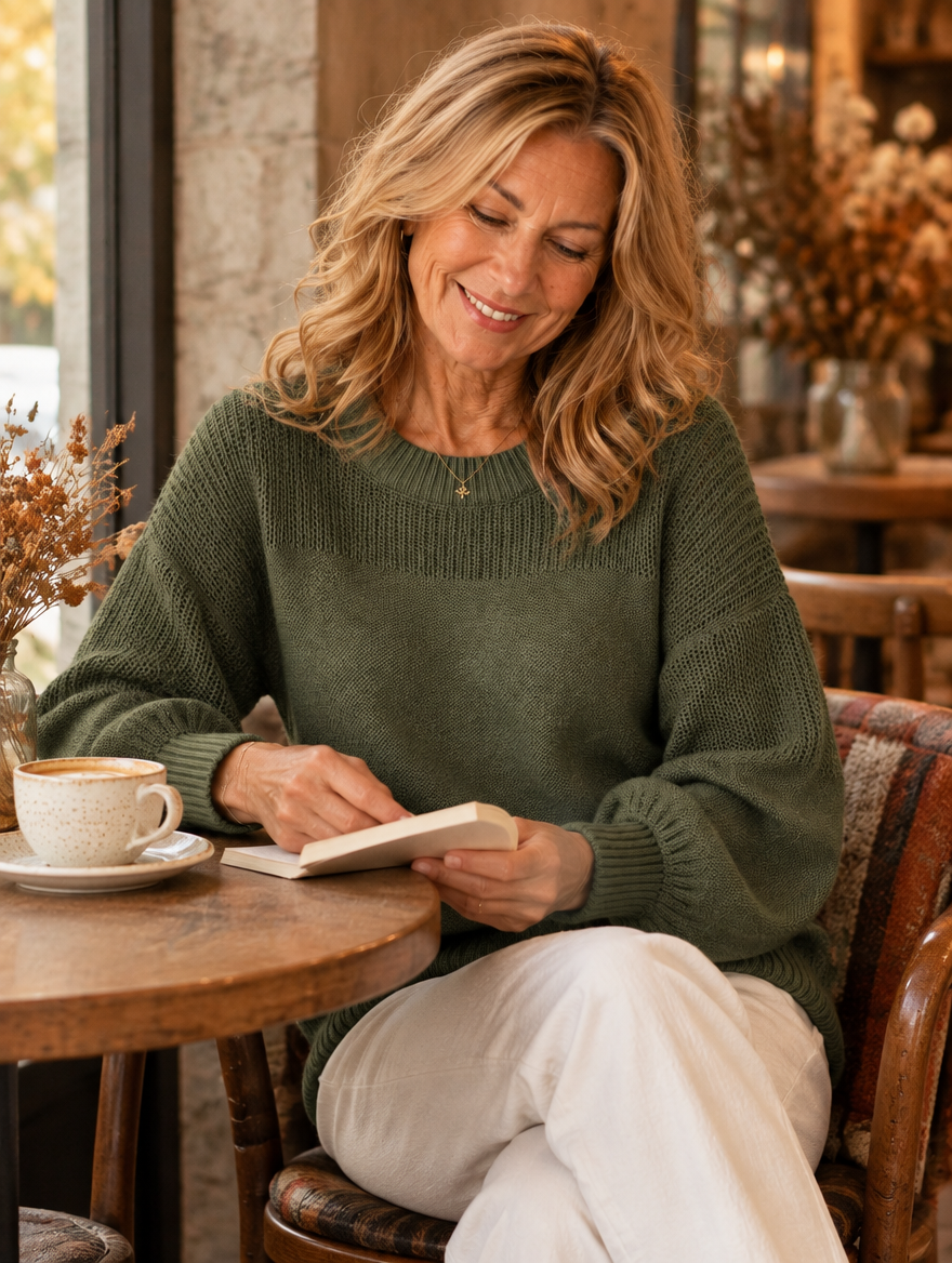 Green knit sweater worn while sitting relaxed