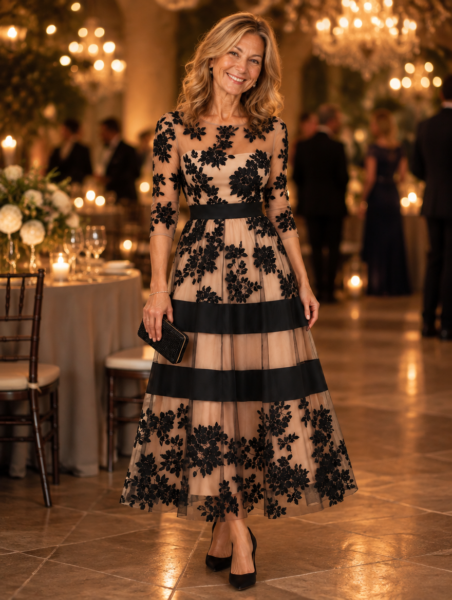 Adrielle elegant floral lace dress at an evening occasion