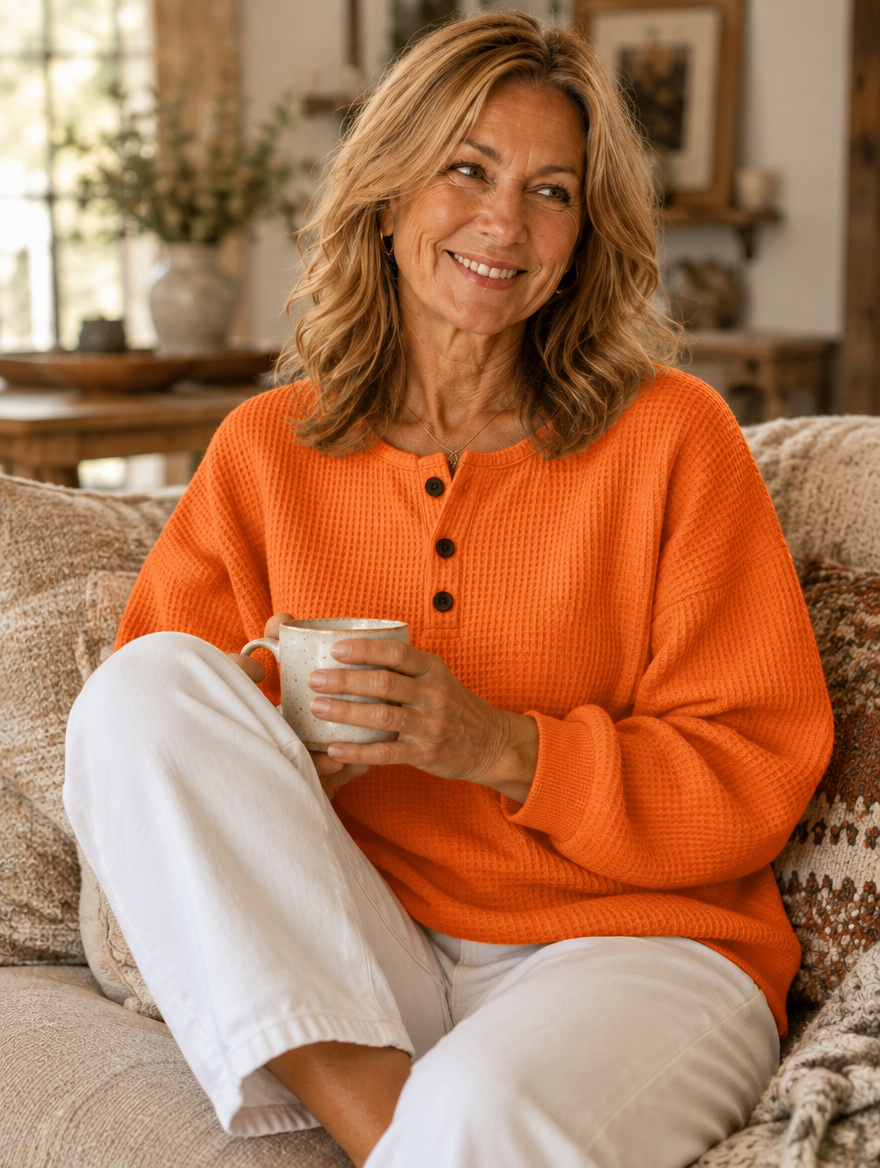 Bridget™ | Cozy Waffle Henley Sweatshirt