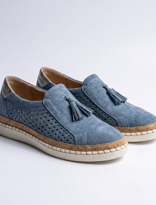 Christine orthopedic comfort moccasins, denim blue perforated suede, studio product photo