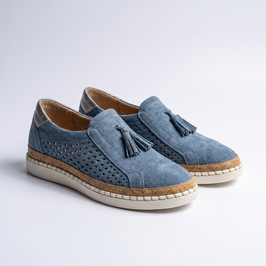 Christine orthopedic comfort moccasins, denim blue perforated suede, studio product photo
