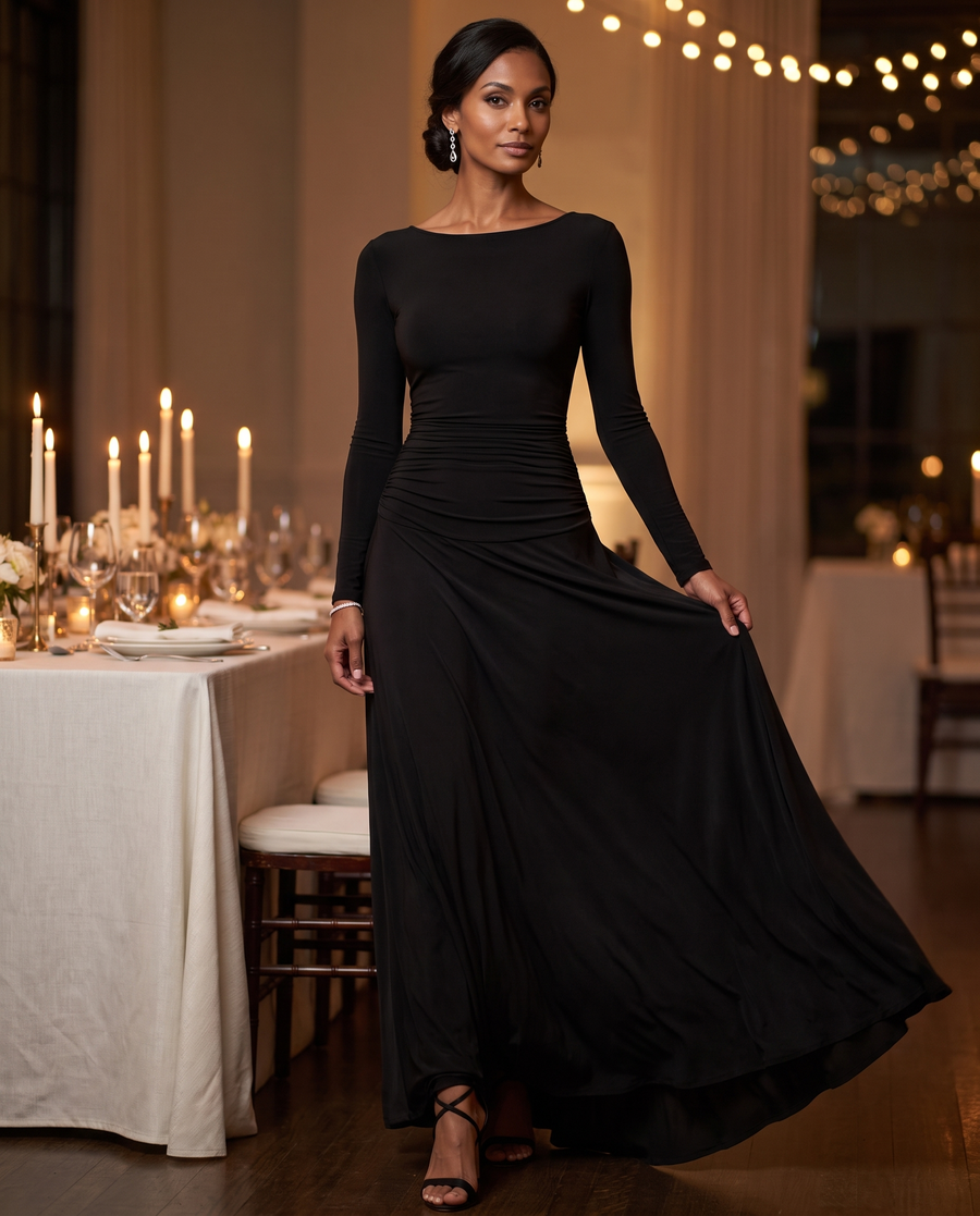 Celeste Ruched Long-Sleeve Maxi Dress worn by a model at an elegant candlelit dinner