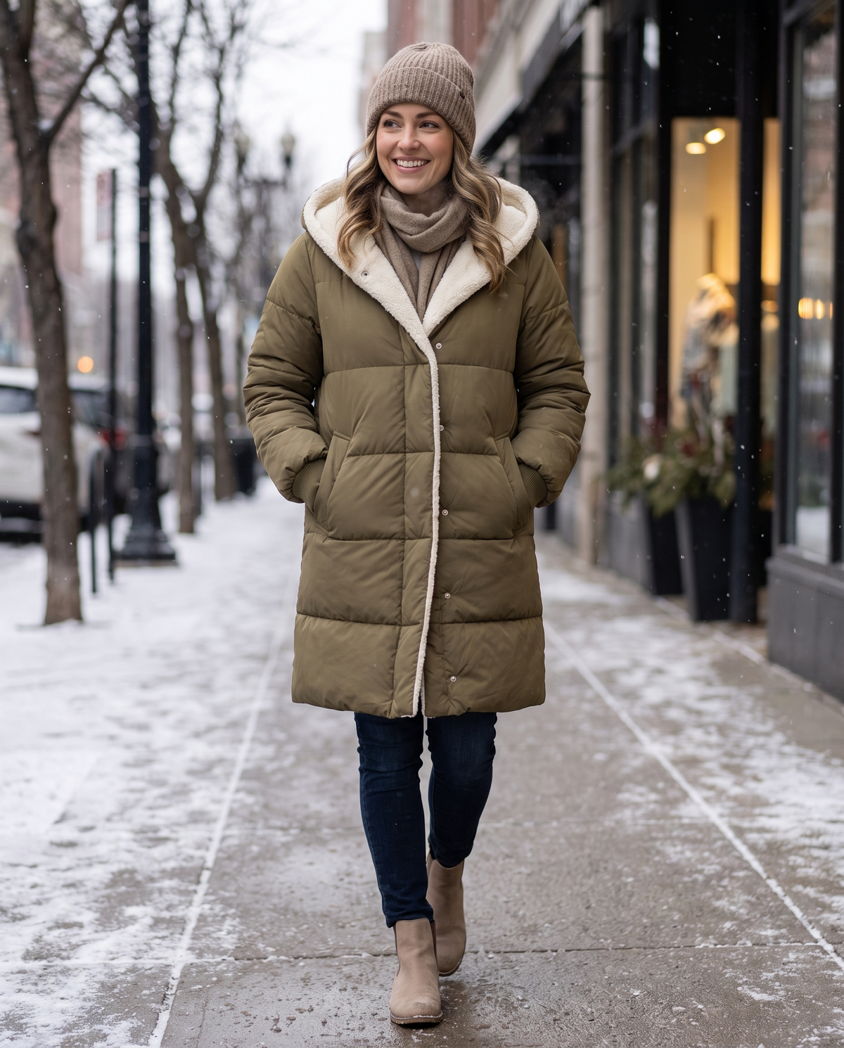 Hartwell Hooded Quilted Puffer Coat worn by a model on a snowy city street