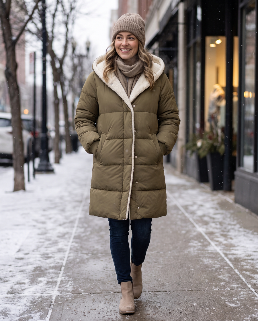 Hartwell Hooded Quilted Puffer Coat worn by a model on a snowy city street