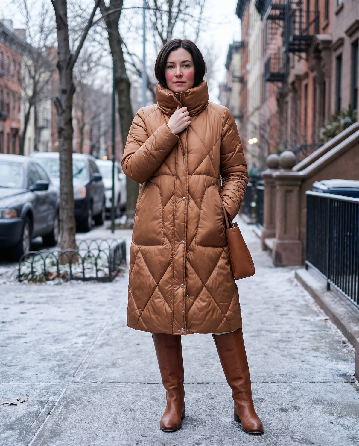 Winterley Longline Quilted Puffer Coat worn by a model on an urban winter street