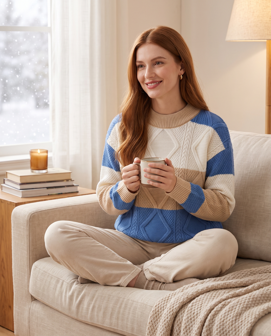 Sawyer Diamond Cable-Knit Pullover worn by a model in a cozy living room