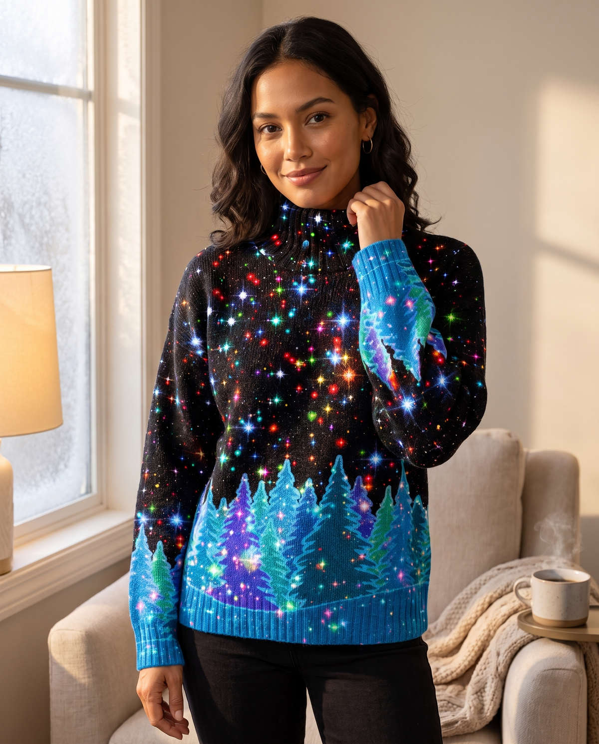 Amelia Ribbed Turtleneck Knit Sweater worn by a model in a cozy sunlit nook