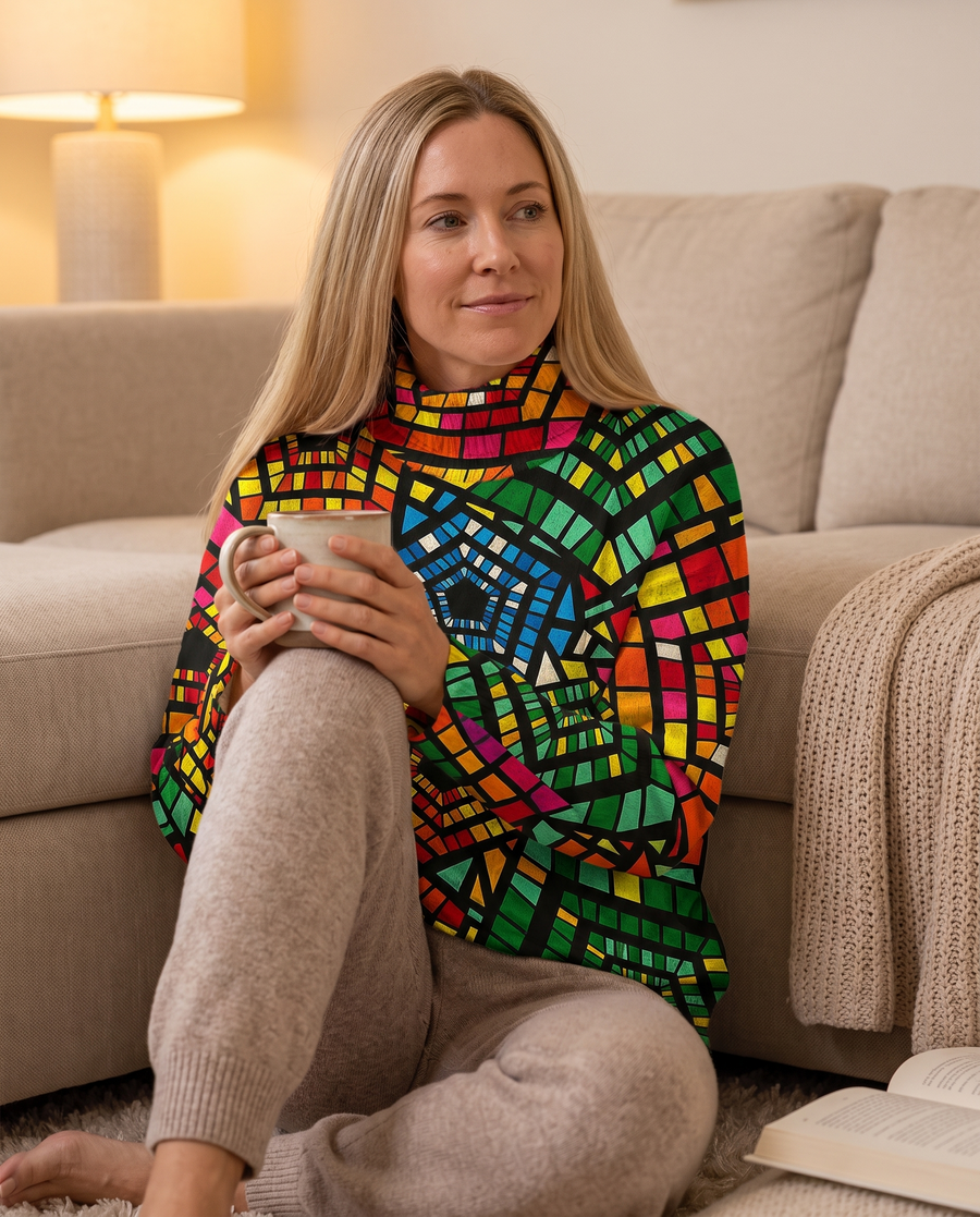 Emily Relaxed-Fit Turtleneck Sweater worn by a model relaxing in a cozy living room