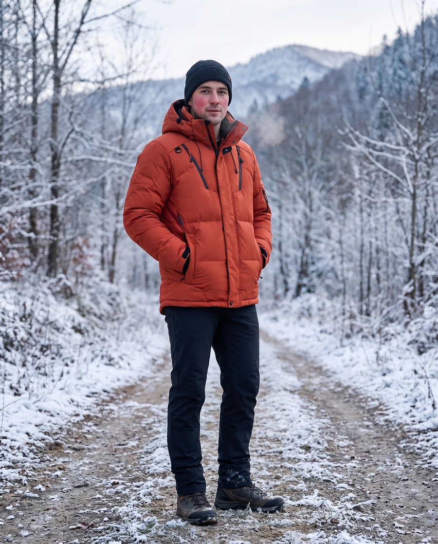 Cazel Men's Insulated Winter Puffer Jacket worn by a model on a snowy outdoor trail