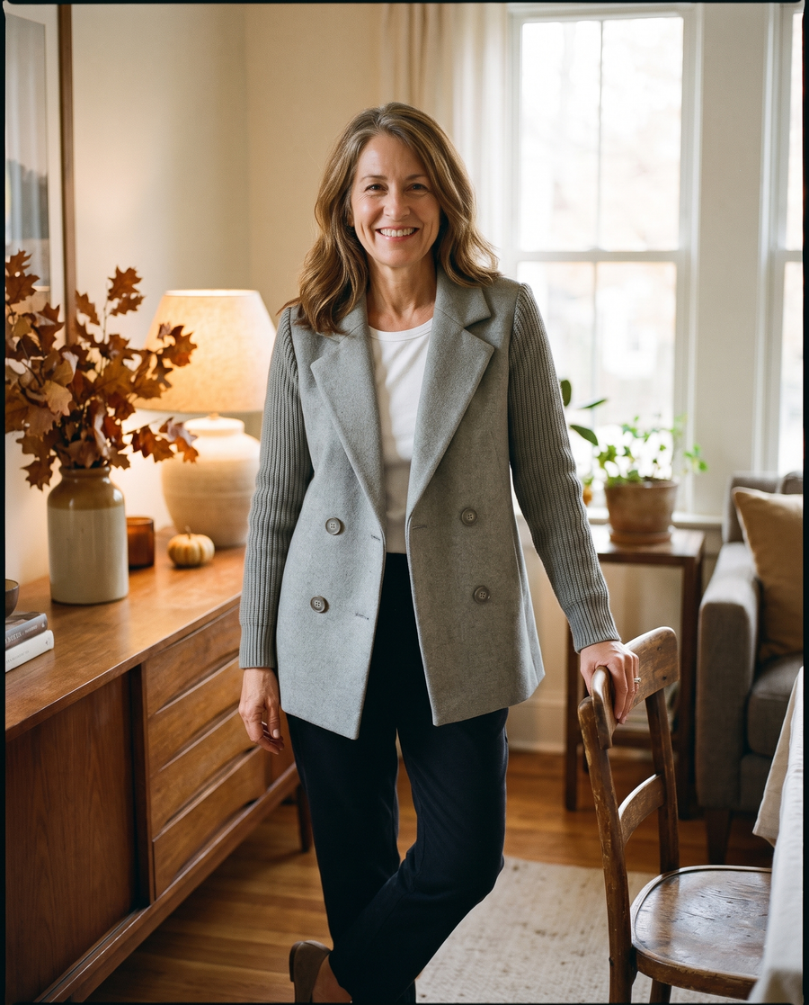 Carla two-tone ribbed-sleeve blazer worn by a mature model in a cozy autumn-decorated living room