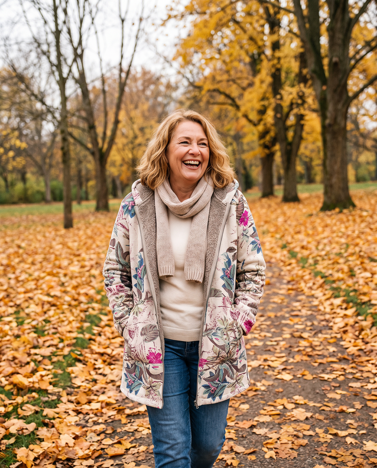 Melvaris floral print fleece jacket worn by a mature model outdoors on an autumn leaf-covered path