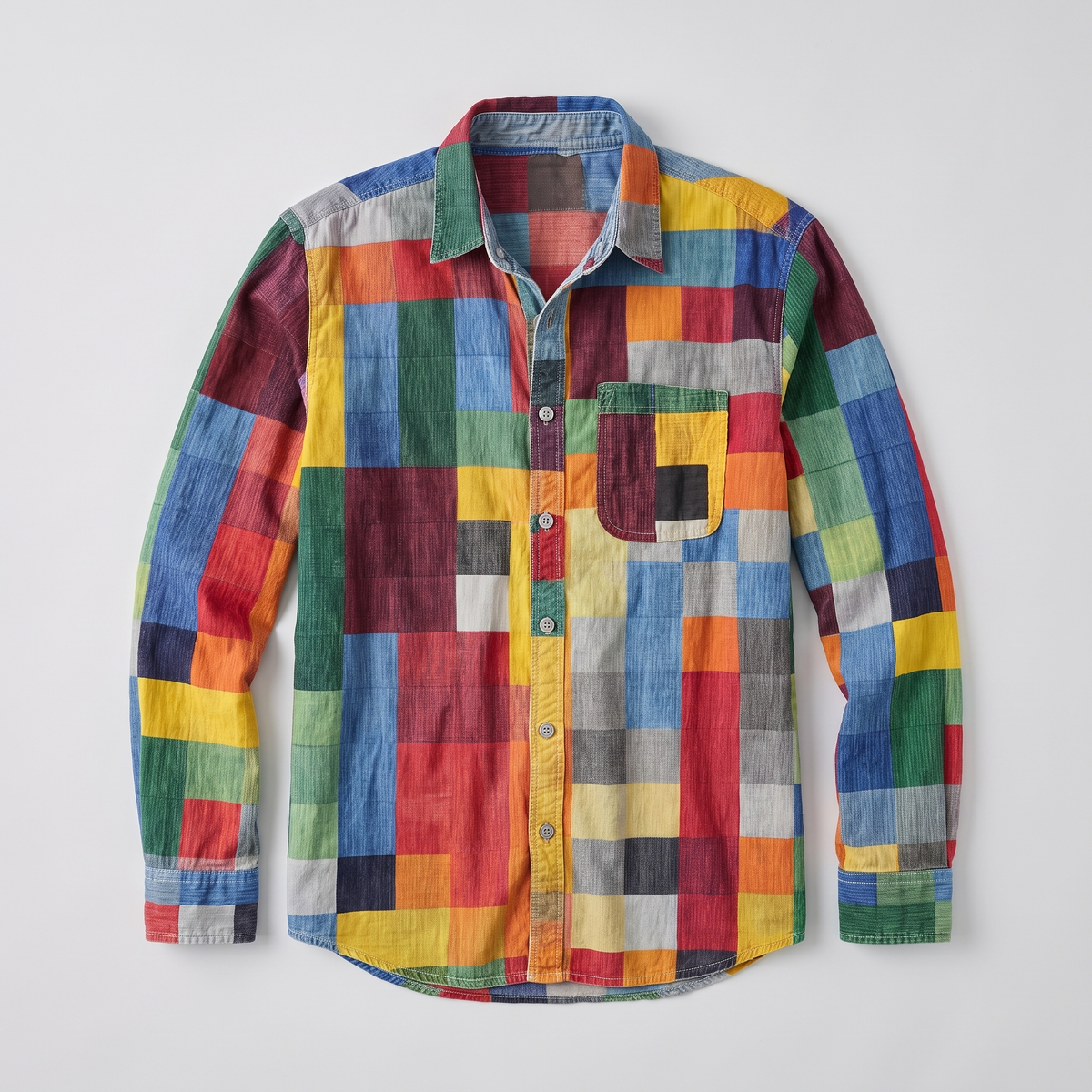 Russel patchwork shirt flat-lay showing the full pattern