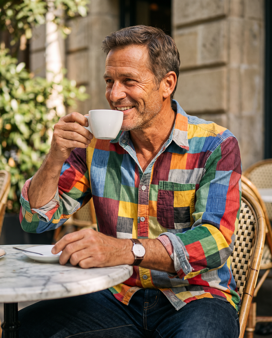 Russel patchwork shirt worn by a male model at a sunlit cafe