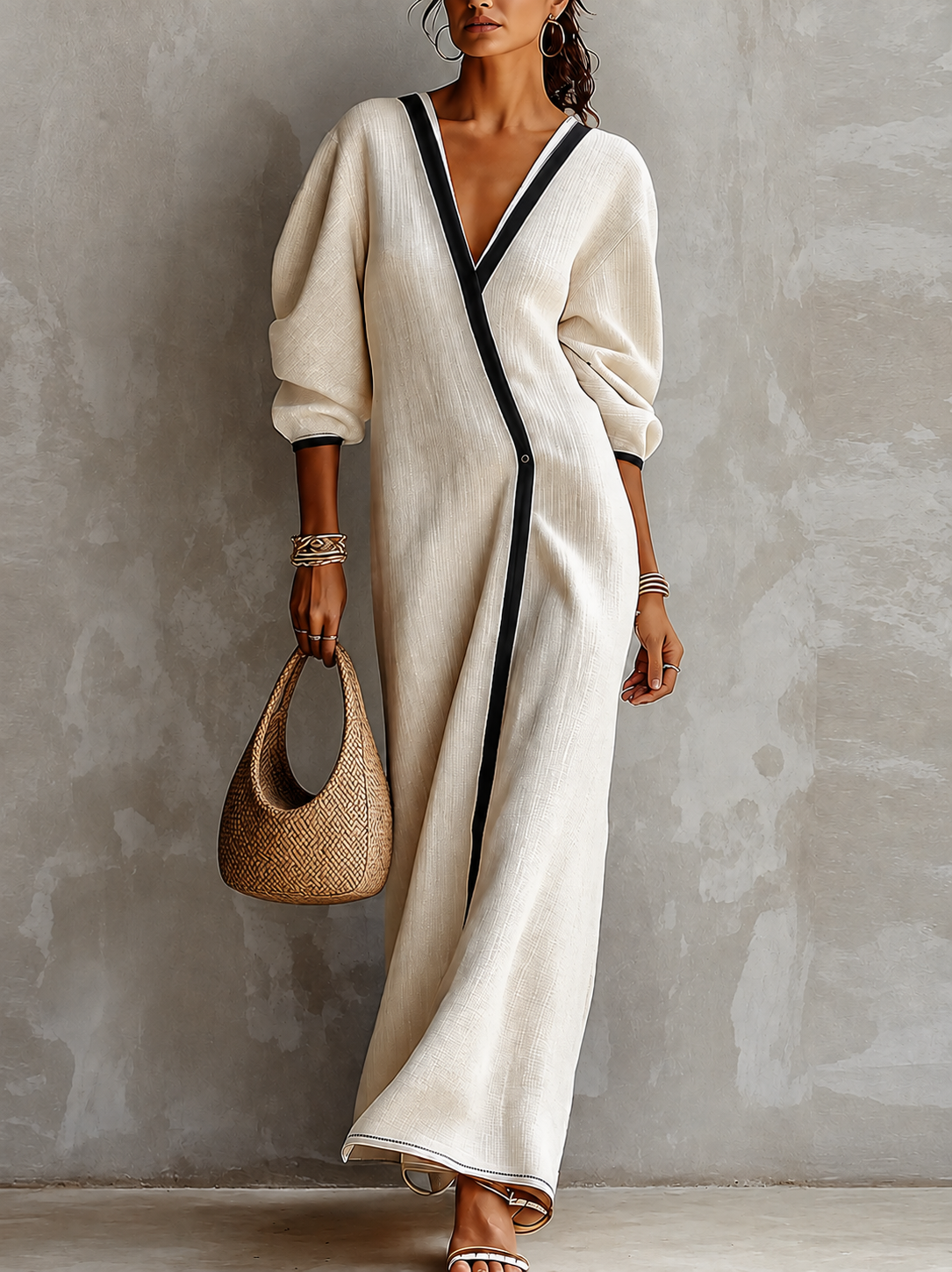 Elara™ | Linen-Blend Contrast-Trim Maxi Dress.