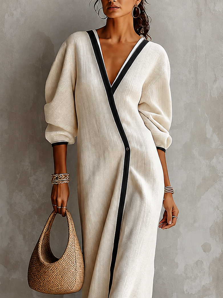 Elara™ | Linen-Blend Contrast-Trim Maxi Dress.