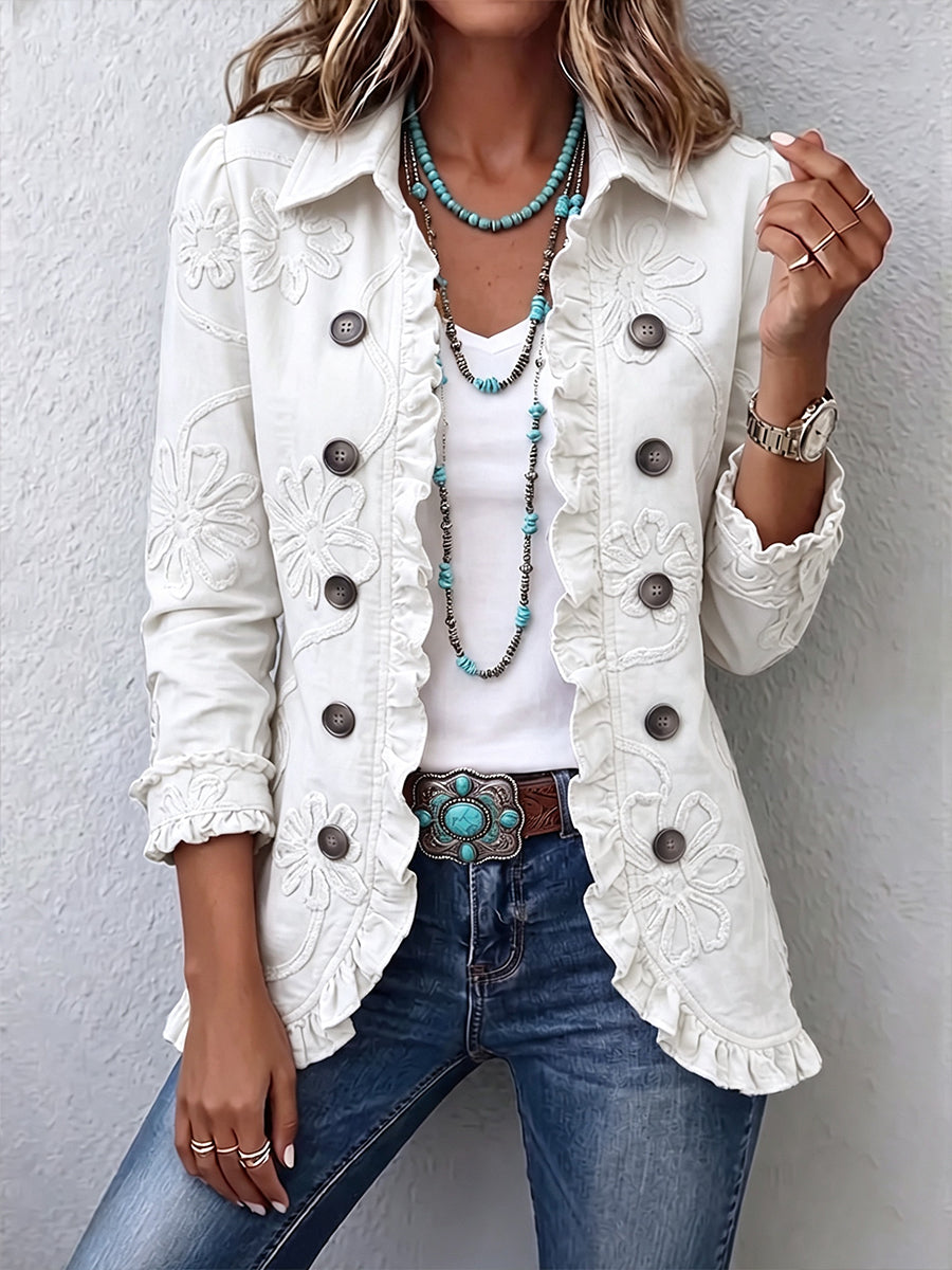 Kamberly™ | Boho-Chic Floral Embroidered Utility Ruffled Trim Jacket